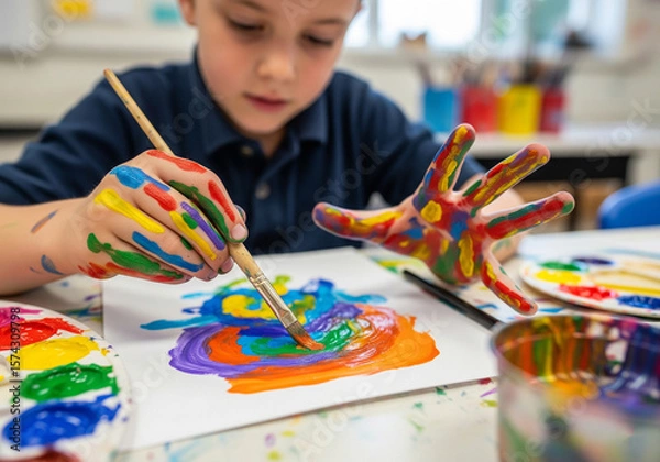 Fototapeta Close-up of a Child's Hands Covered in Paint, Creating a Colorful Masterpiece in an Art Class
