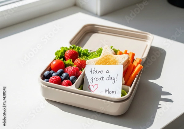 Fototapeta Healthy and Colorful School Lunchbox with a Sandwich, Fruits, and a Note from Mom on a Kitchen Counter
