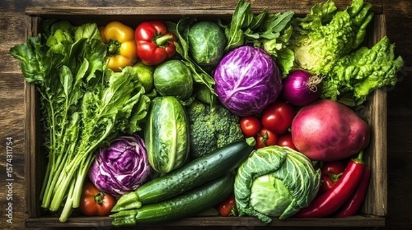Fototapeta Wooden crate overflowing with fresh vegetables on rustic table