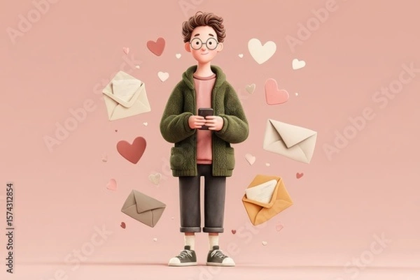 Fototapeta Person sending electronic greetings via email with envelope icons and hearts 