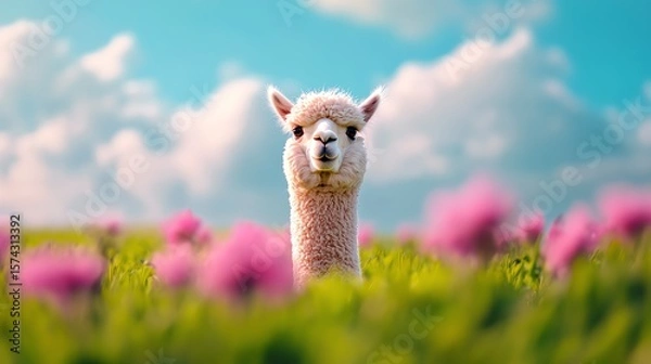 Fototapeta A fluffy alpaca stands amidst vibrant pink flowers under a bright blue sky with soft clouds.