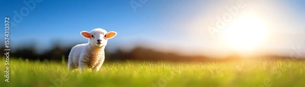 Fototapeta A young lamb stands alone on green grass under a bright sunset, with a clear blue sky and blurred natural background.