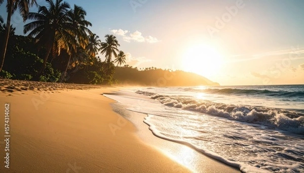 Fototapeta sunset beach landscape with golden sky, tropical palm trees, and gentle waves reflecting warm light across the sandy shore