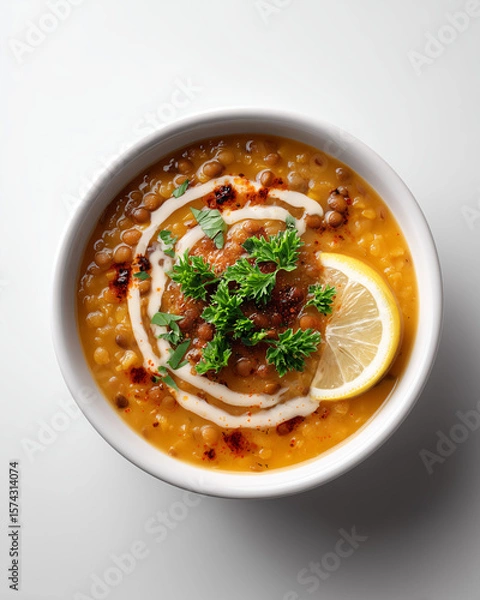 Fototapeta Turkish mercimek lentil soup garnished with yogurt swirl, parsley and lemon wedge
