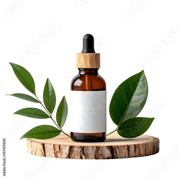 Obraz Natural Essential Oil Bottle Displayed on Wooden Slice with Lush Leaves