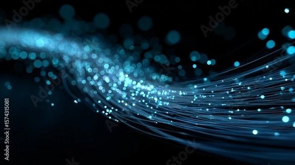 Fototapeta Abstract glowing blue fiber optic cables conveying high speed digital data transmission background art.
