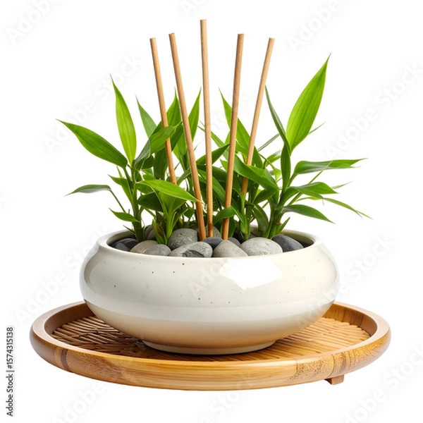 Obraz Serene Bamboo Arrangement with Smooth River Stones in a Creamy Ceramic Pot