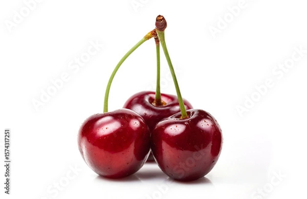 Fototapeta Three Glossy Red Cherries with Stems on a White Background