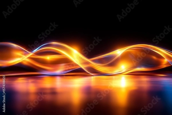 Fototapeta Vibrant orange and blue light waves create a dynamic glowing pattern against a dark background, evoking energy and motion.