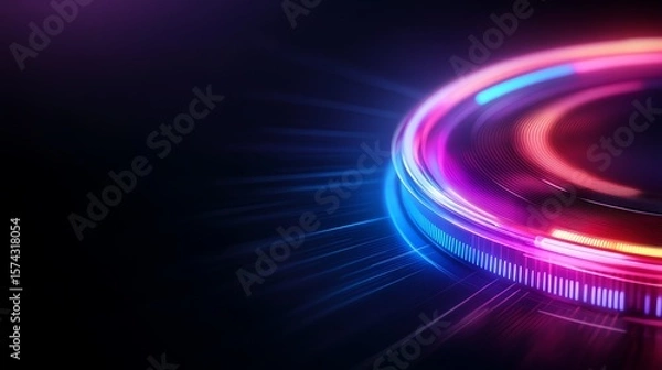 Fototapeta A glowing circular digital interface with vibrant blue and pink neon lights on a dark background, symbolizing futuristic technology and innovation.