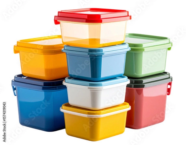 Fototapeta Stack of Colorful Plastic Storage Containers with Lids, Close-Up Isolated on Transparent Background PNG