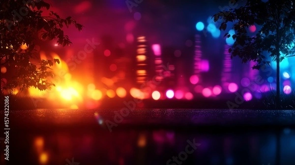 Fototapeta Vibrant city lights with colorful bokeh and foliage in the foreground.