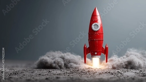 Fototapeta A vintage red rocket ship blasting off from a dusty surface against a dark background for business success.