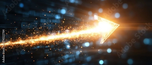 Fototapeta Dynamic glowing arrow with particles on a dark background.