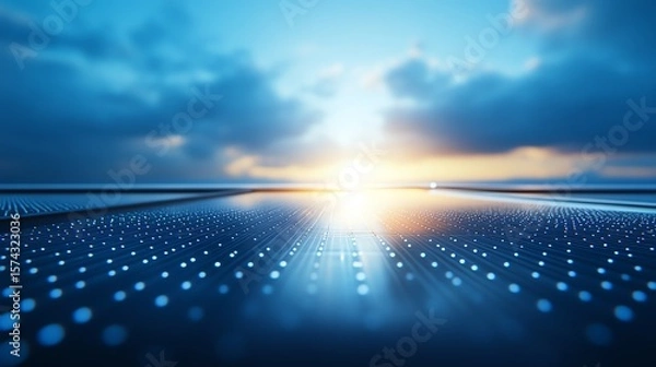 Fototapeta Futuristic landscape with glowing paths and a bright horizon.