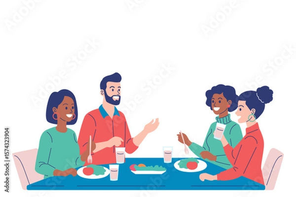 Fototapeta A diverse group of friends enjoys a meal together, talking and laughing at a dinner table in a celebration of friendship and community