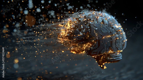 Fototapeta Abstract 3D render of AI brain made of circuits and light patterns with floating data around it