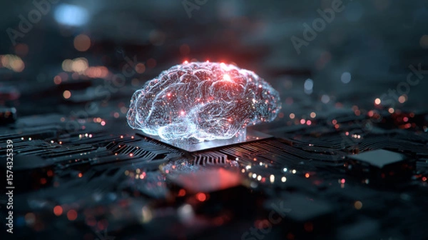 Fototapeta Abstract 3D render of AI brain made of circuits and light patterns with floating data around it