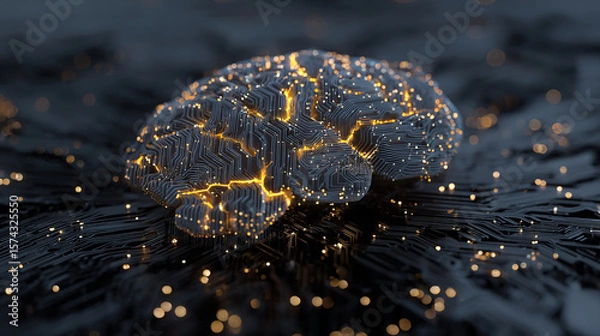 Fototapeta Abstract 3D render of AI brain made of circuits and light patterns with floating data around it