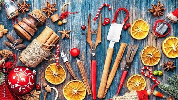 Fototapeta Festive kitchen tools, spices, and ornaments on wood