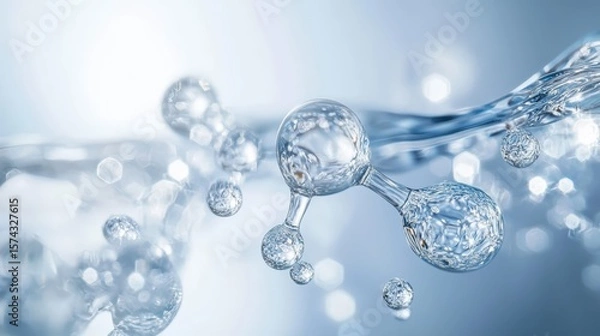 Fototapeta Transparent molecular structures interconnected with water droplets in a clear, fluid environment.