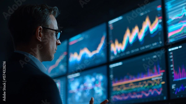 Fototapeta Businessman analyzing growth charts on digital screen
