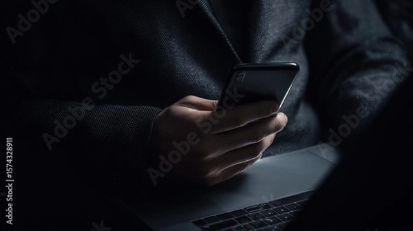 Obraz Businessman Holding Smartphone in Darkness – Cybersecurity or Tech Concept