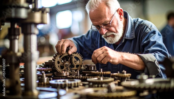 Fototapeta Precision and Dedication: A seasoned artisan meticulously examines intricate machinery gears, immersed in the focused world of mechanics and engineering.