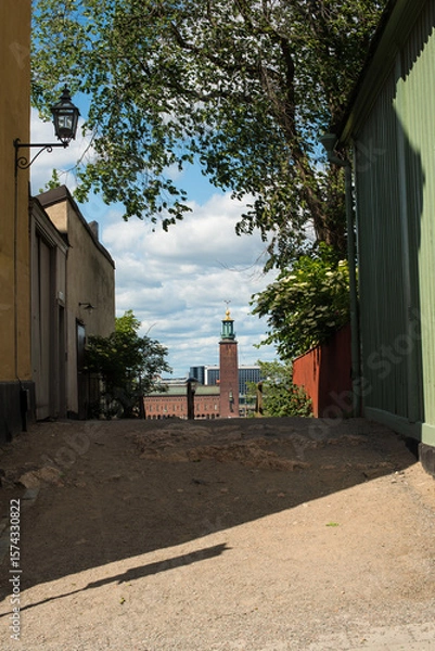 Obraz Quiet Stockholm street with old building and green trees