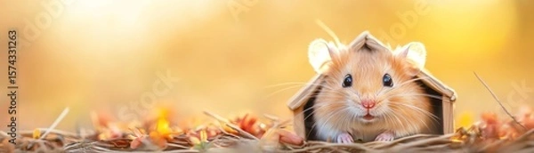 Fototapeta A cute hamster peeks out from a tiny wooden house surrounded by autumn leaves, set against a soft, golden background.