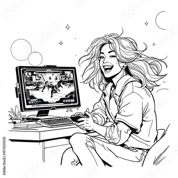 Fototapeta Gamer in Action  Stylized Icon of a Focused Player Using a Controller at a Desktop Setup with Fighting Game Display and Fun Decor Elements