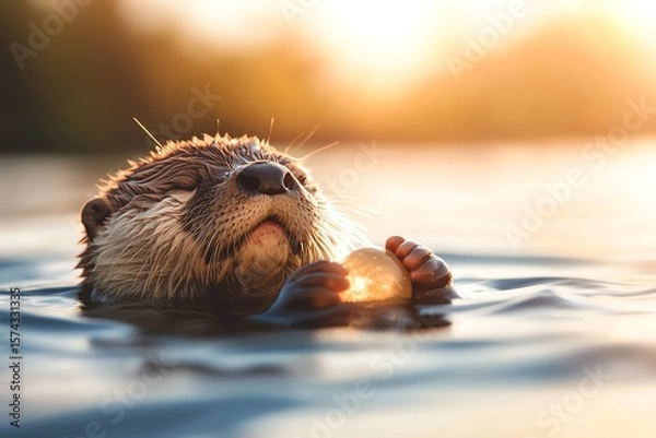 Fototapeta An otter gently holds a glowing orb while floating in calm water during a warm, golden sunset.