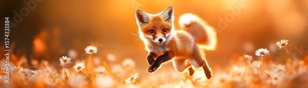 Fototapeta A playful fox kit leaps joyfully through a sunlit field of wildflowers in warm, golden light.