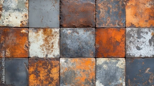 Fototapeta Aged Surface: Artistic Display of Worn Square Tiles with Varied Patinas