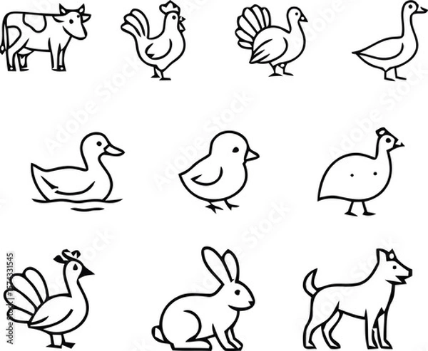 Fototapeta Farmyard Companions Line Art Icons of Domestic and Barnyard Animals Depicted in a Minimalist Grid for Agrarian and Educational Use
