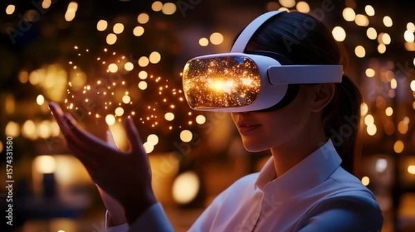 Fototapeta A woman wearing a VR headset experiences glowing digital particles floating above her hand in a dark, bokeh-filled environment.
