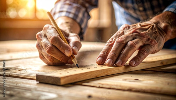 Fototapeta Woodworker Precision: Close-up of woodworker using pencil and ruler on wood. Focus on aged hand and wooden tool capturing the woodworker's expertise and dedication to the craft.