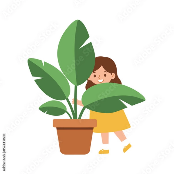 Obraz Young girl smiling while playing with large potted plant, white background, isolated, vector    