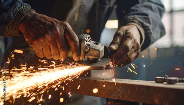 Fototapeta Sparks of Industry: A seasoned craftsman masterfully wields a grinding tool, igniting a cascade of sparks that illuminate the dedication and precision of industrial work.