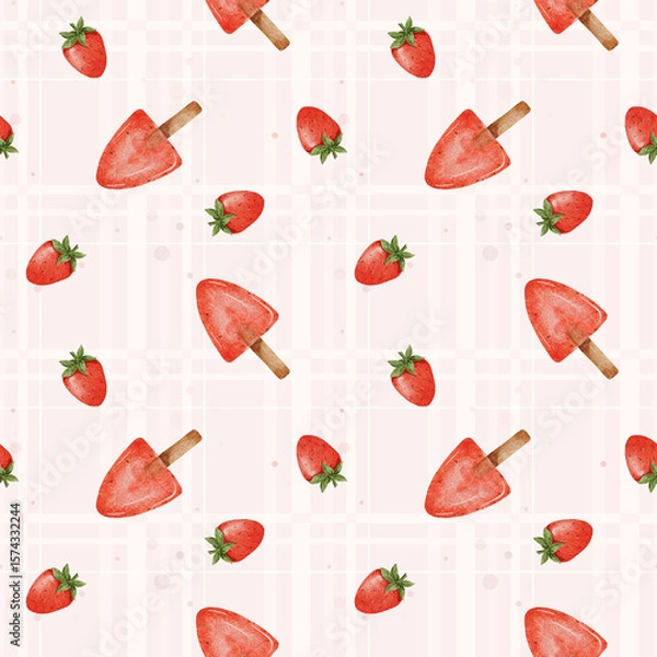 Obraz Summer Ice Cream Background. Seamless watercolor pattern with fruit ice cream. Design for menu and textile, wrapping, scrapbooking and stationery
