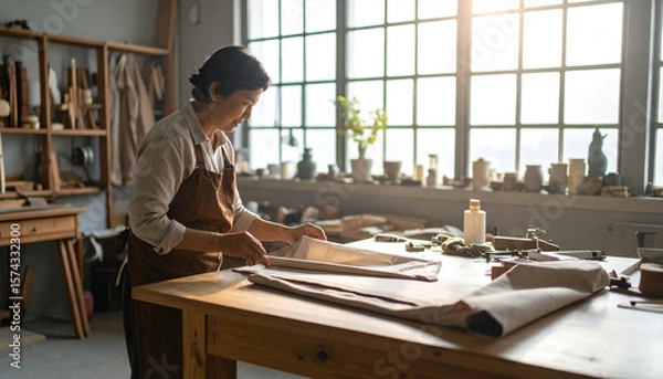 Fototapeta Artisan's Craft: An artisan carefully examines her craft materials in a sunlit workshop. Capturing the essence of craftsmanship and the beauty of handmade items.