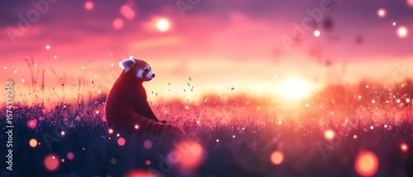 Fototapeta A red panda sits quietly in a glowing meadow at sunset, surrounded by soft light orbs and warm hues.