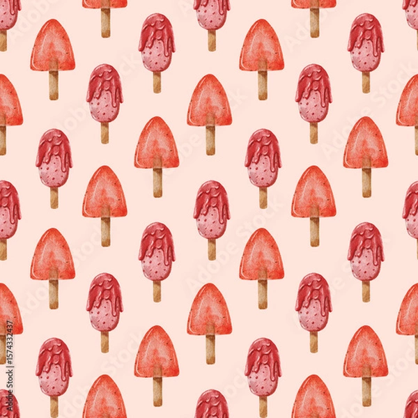 Obraz Summer Ice Cream Background. Seamless watercolor pattern with fruit ice cream. Design for menu and textile, wrapping, scrapbooking and stationery