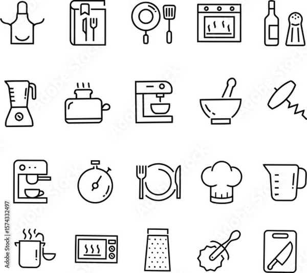 Fototapeta Kitchen Essentials Grid  Stylized Icons of Culinary Tools and Appliances for Cooking, Baking, and Meal Prep in a Modern Layout