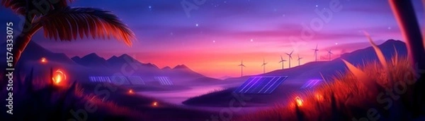 Fototapeta A vibrant sunset over a futuristic landscape with solar panels, wind turbines, and mountains framed by palm trees.