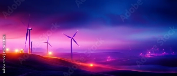 Fototapeta A vibrant twilight landscape featuring wind turbines on rolling hills illuminated by colorful lights under a dramatic purple and blue sky.