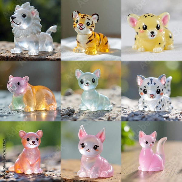 Obraz A whimsical collection of resin big cat figurines featuring a lion, tiger, leopard, and playful kittens