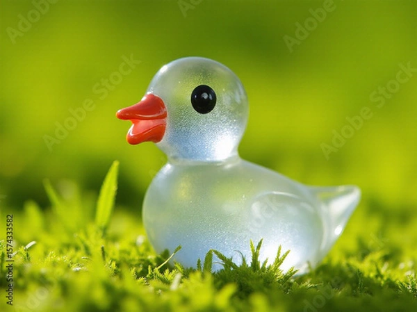 Obraz A whimsical, translucent resin duck toy sitting on vibrant green moss