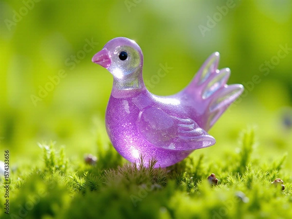 Obraz A whimsical, sparkling purple resin bird figurine set against a vibrant green moss background