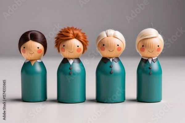 Obraz A charming display of wooden peg dolls wearing green showcasing diverse hairstyles and cheerful expressions.